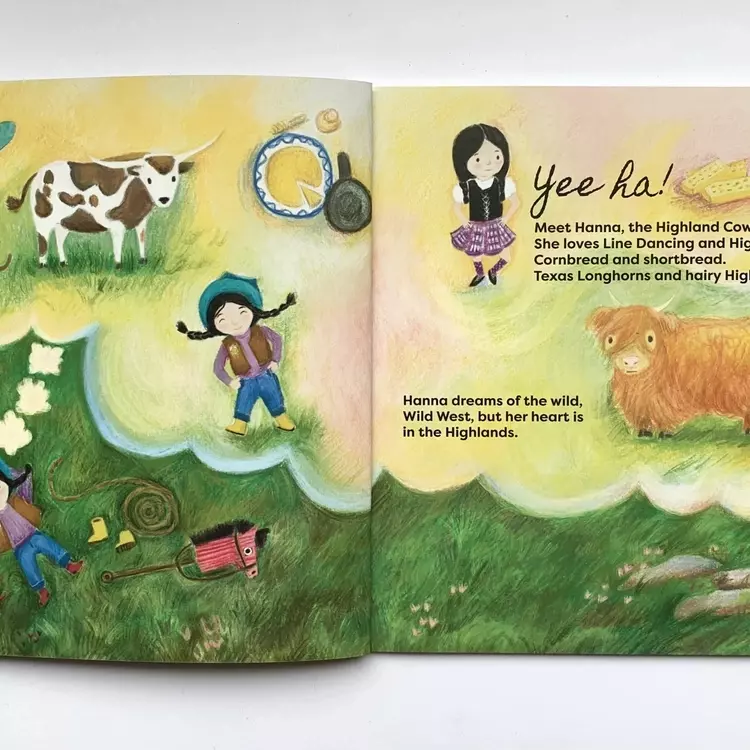 an illustration from the highland Cowgirl showtime , showing an illustration of Hanna lying on a grassy field . There is an illustrated thought bubble showing illustrations of all of the things that Hanna loves.
